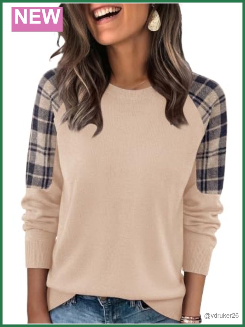 Womens Soft Knit Jacquard Raglan Sleeve Sweater Pullover Crewneck